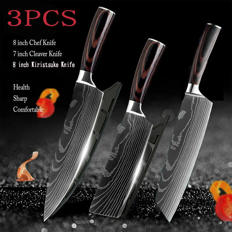 3Pcs Kitchen Knives Set Stainless Steel Japanese Damascus Pattern Pro Chef  Knife