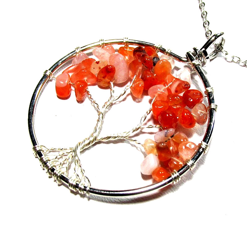 Silver Tone Red Jasper Semi Precious Stone Tree Of Life 20" Necklace-NEW (#3007)