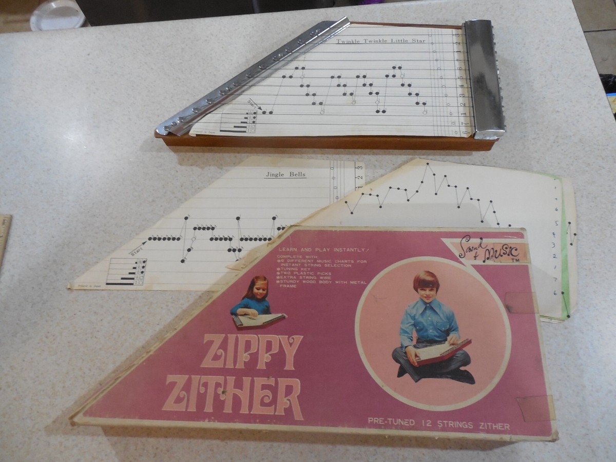 Vintage Zippy Zither Music Instrument with Box and music Wood