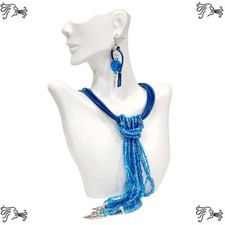 Multistrand Blue Turquoise Leather Choker w/ Beaded Strands Necklace Earrings