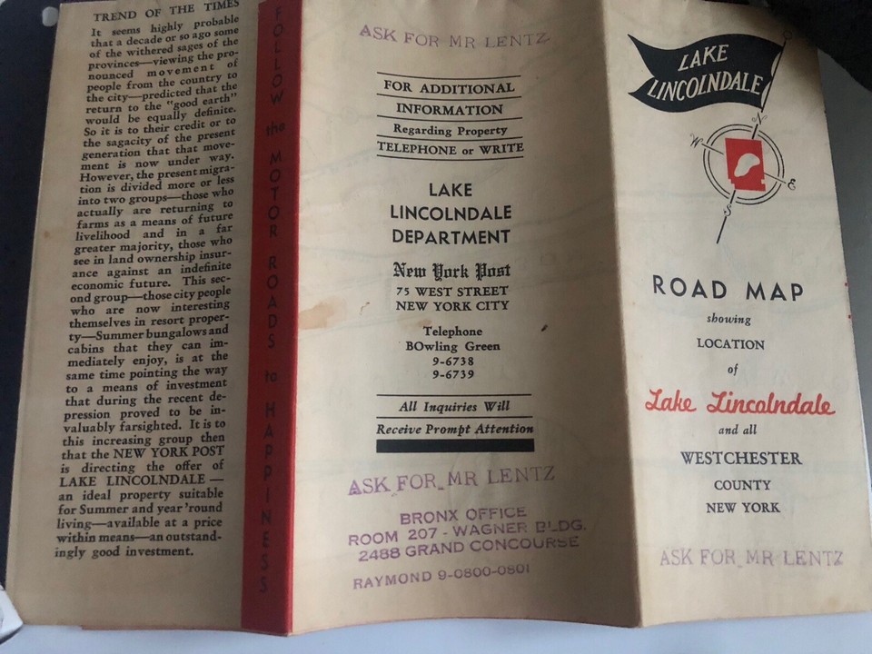 Lake Lincolndale, New York County, USA Vintage Road Map Great Wall