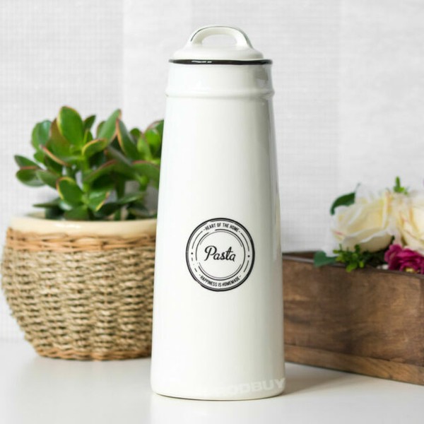 Tall off White Ceramic Pasta Jar Spaghetti Storage Canister Retro Food