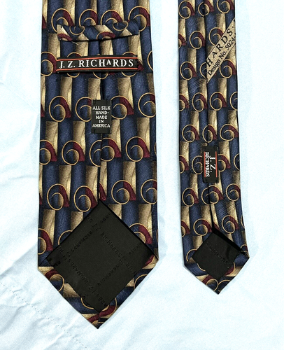 JZ RICHARDS Navy/Burgundy/Gold SCROLL PRINT Hand Made In USA SILK Men's NECK TIE - Picture 3 of 3