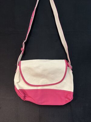 LL BEAN Crossbaby Bag Women's Canvas White And Pink Trim Flap Shoulder Bag Rare