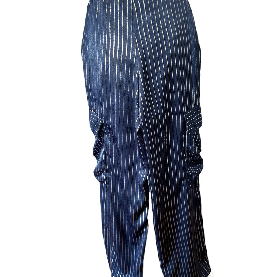Lucy In The Sky Satin Pants Mckenzie Women Small Blue Gold Striped Cargo Style - Image 2 of 4