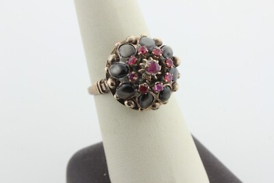 Antique Estate 10K Yellow Gold Ruby & Tiger's Eye Pop-Out Dome Style Ring Size 8