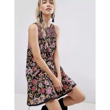 Free People Oh Baby Floral Print Slip Dress A-Line Sleeveless Mini Black M