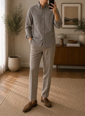 Chaps Herren Hemd 16.5 kariert Beige/Blau Twill Baumwolle Langarm Button-Down