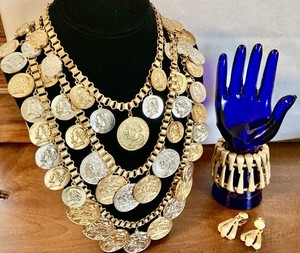 Crown Trifari MCM Vintage Roman Coin Necklace Brutalist Bracelet Earrings Unique
