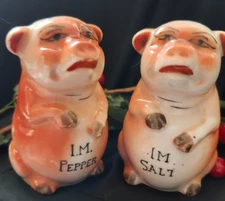 VTG. CHUBBY PIGS "IM A SALT" "IM A PEPPER" SALT & PEPPER SHAKERS- STAMPED JAPAN