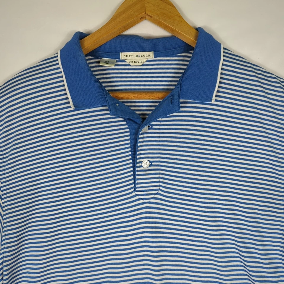 CUTTER & BUCK CB DRYTEC Blue White Striped Polo Golf SHIRT Men's M - Image 3 of 4