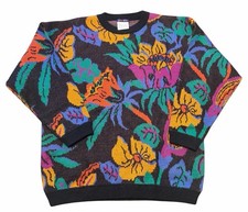 Vintage 80s Esprit Sport Tropical Floral Sweater Women Size Large Retro Abstract