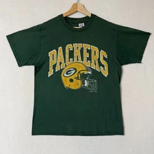 VTG 90s Green Bay Packers NFL Logo 7 Tee Shirt Green Helmet Graphic Made USA L