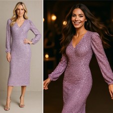 Mac Duggal Lavender Purple Sequin Puff Sleeve V Neck Midi Cocktail Dress 6 NEW