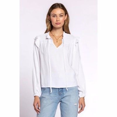 Cloth & Stone Women s Blouse Top V Neck Large Smocked Lyocell Long Sleeve White