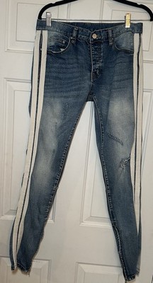 MNML SKINNY BUTTON-FLY STRIPED SIDE ANKLE-ZIP STRETCH DENIM BLUE JEANS 31W/32L