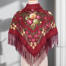 Russian Floral Fringed Shawl Scarf Headscarf Pavlovo Posad Style Burgundy Wool B