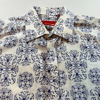 Saks Fifth Avenue RED Button Down Shirt Men Large Trim Fit Cotton Blue Medallion