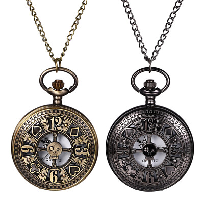 Steampunk Men Hallow Poker Case Pocket Watch Necklace Chain Quartz Watches Gift