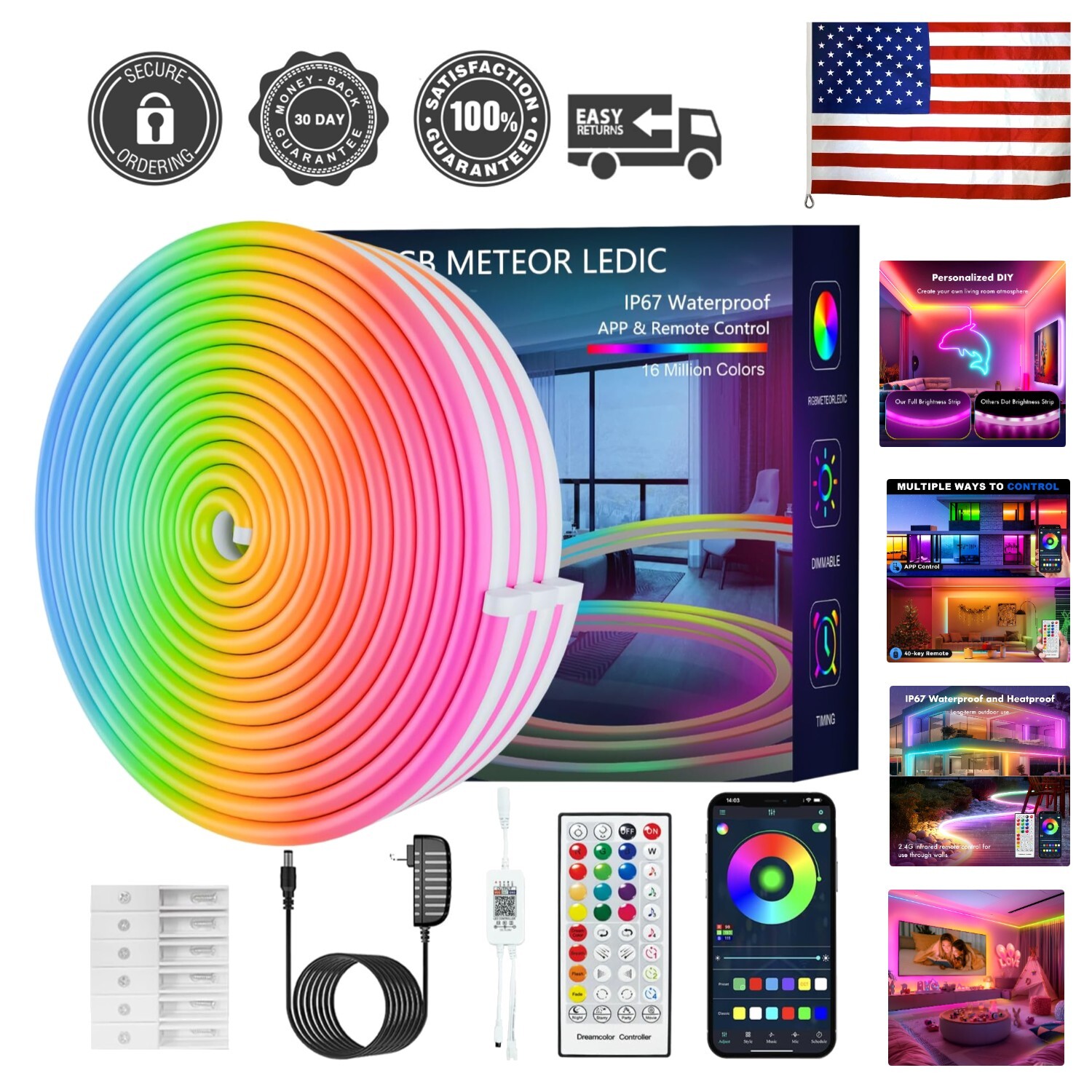 32.8FT LEDIC Neon Strip Lights IP67 Waterproof Outdoor RGB Color Changing LED Lights-image