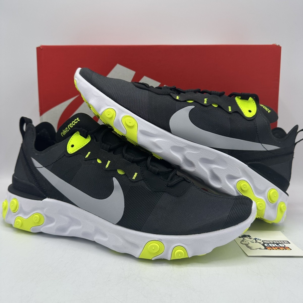 ★ Nike ★ React Element 55 Black Wolf Grey Volt Nike React Element 55 Size 12 Black Wolf Grey Volt White