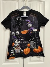 Disney Mickey Mouse Halloween Skelton Pumpkin Scrub Top Size Small Pockets