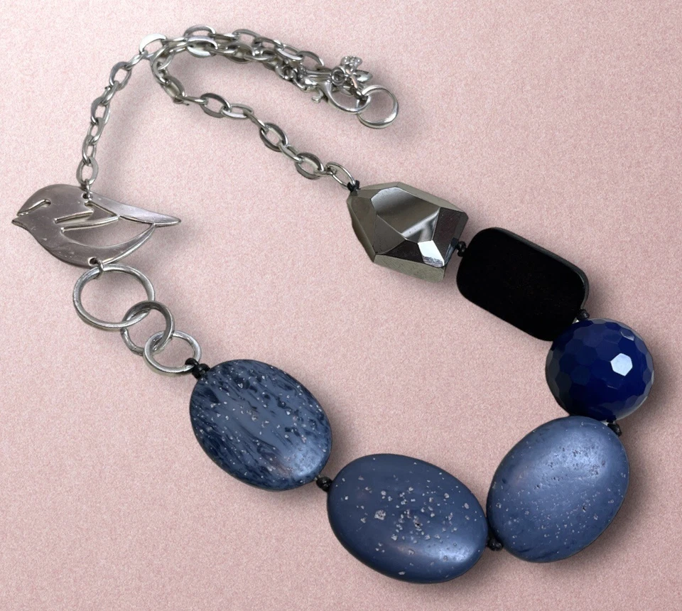化石 Y2K 鸟项链钥匙人造拉皮斯蓝色厚银色链复古 — 第 4/4 张图片
