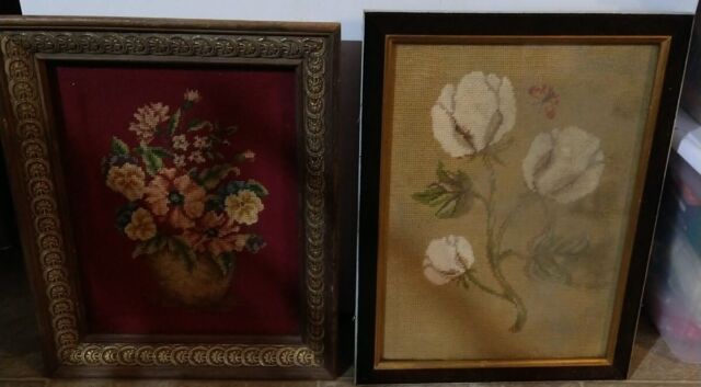 2- Vtg. Floral Needlepoint Framed art crafts upholstery