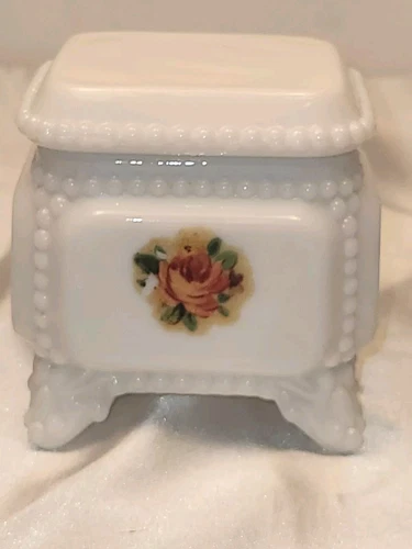 Vintage Westmoreland Milk Glass Square Beaded Trinket Ring Box