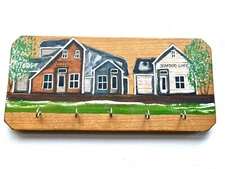 Vtg Wood Key Leash Holder Wall Hanger 5 Hook Hand Painted Lake, Beach House 12x5