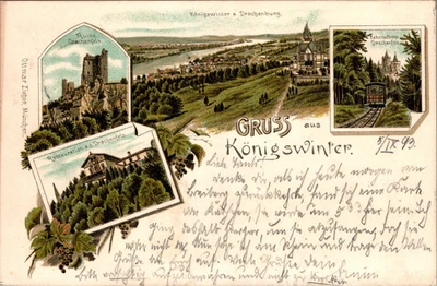 VORLÄUFER LITHO GRUSS AUS KÖNIGSWINTER RHEIN SIEG GASTHAUS DRACHENFELS 4BILD1893 - Bild 1 von 2