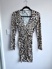 Topshop Leopard Print Ruched Bodycon Mini Dress UK 6 Long Sleeve V Neck Animal