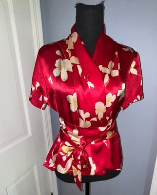 MaxMara Studio Silk Wrap Blouse Red Floral tie Waist, Made in Italy, Sz 6