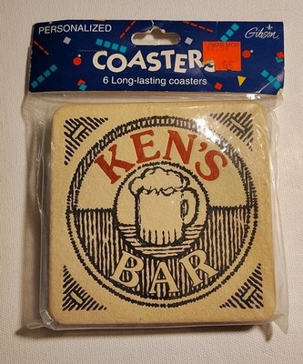 Vintage 1993 Gibson Personalized Set of 6 Square Coasters Ken's Bar New 4''