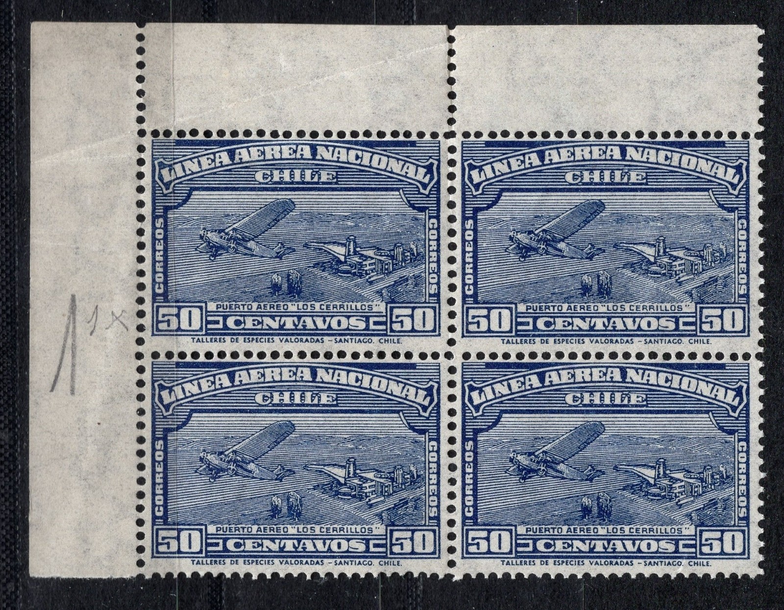 CHILE 1931 airmail 50 cents Sc.C25 block of 4 MNH top corner sheet