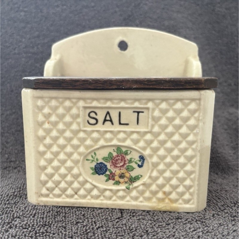 Vintage Wall Mounted Ceramic Salt Box with Wooden Lid, Floral Pattern, Rectangle