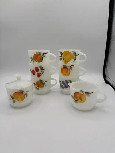 Vintage Anchor Hocking Fire King Stackable Handpainted Coffee Mugs Sugar&Creamer