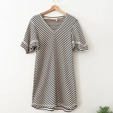 See By Chloe Striped Knit Ruffle Sleeve Shift Dress V Neck Mini Size Medium