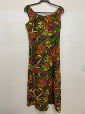 VTG 60s 70s Hawaiian Dress Medium Floral Sleeveless Train Detail Bright Bold EUC