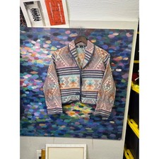 Flashback Southwestern Geometric Woven Tapestry Jacket Shawl Collar Blue Pink M