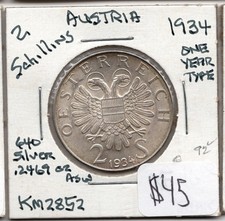 1934 2 Shilling AUSTRIA .2469oz Silver 1 Year Type World Coin KM2852