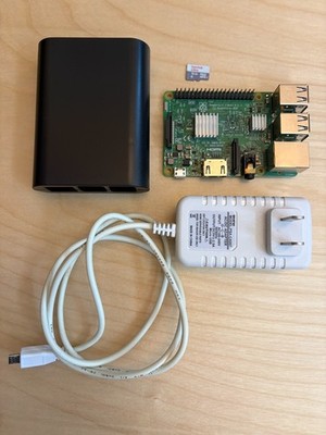 Raspberry pi 3B computer w/ 16GB MicroSD, heat sinks, power supply, and case