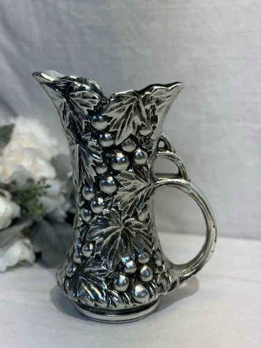 Vintage USA McCoy Pottery 641 Antiqua Line Silver Black Grape Leaf 9.5" Pitcher