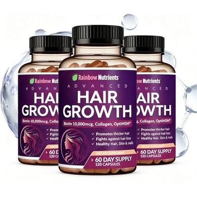 3Pack-Rainbow Nutrients ADVANCED Hair Growth Vitamins Biotin 20,000mcg, Collagen