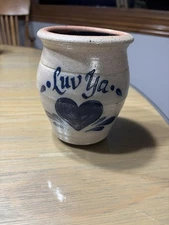 Rowe Pottery Salt Glazed Small Crock Luv Ya With Heart 5” Tall