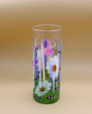 Vintage Flower Glass  Vase | Hand Painted Floral Art 9"