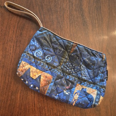 Laurel Burch Quilted Cat Wrist Bag Sun  n Sand Blue Gold Brown 