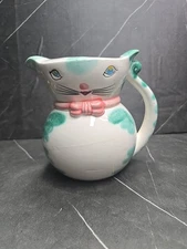 Lipper And Mann Kitty Cat Milk Pitcher 6" Teal With Pink Bow