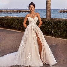 V-neck Lace Bride Gown A Line Wedding Dresses Side Slit Customized Wedding Dress