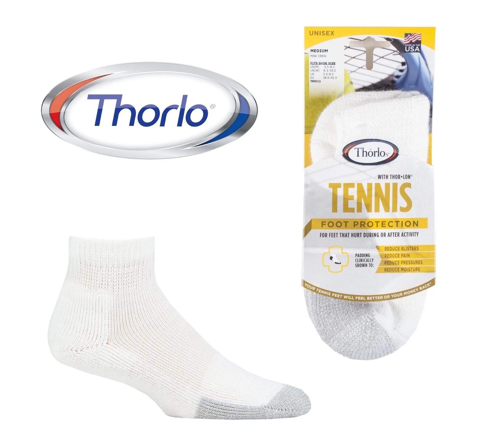 Tennis Mini Crew Socks Thorlos Sports Mens & Womens Thick Cushioning 1 Pair Pack